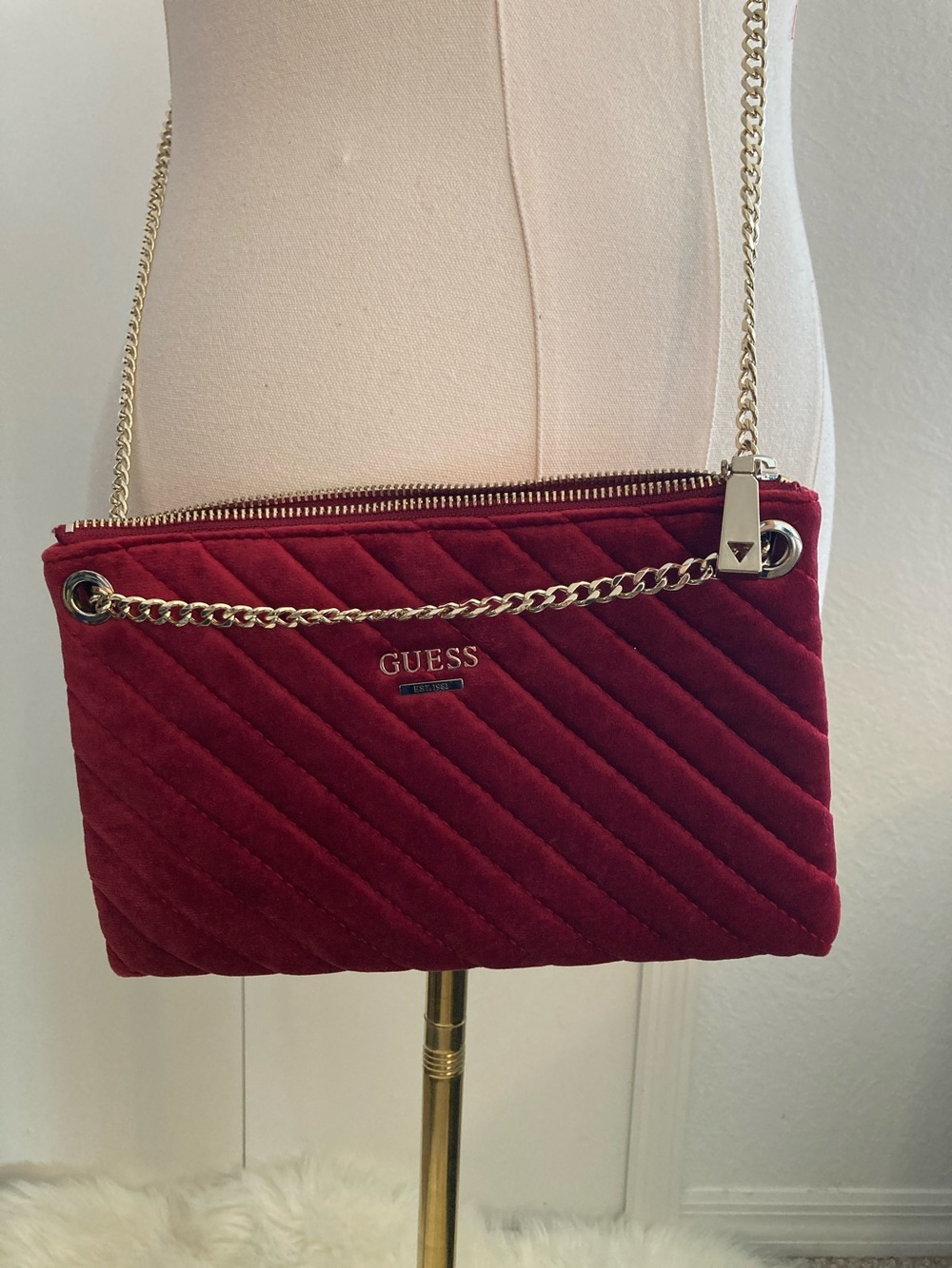 GUESS Quilted Velvet Crossbody Bag in Burgundy with Gold Chain